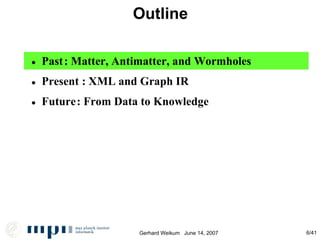 Outline • Past • Future • Present : Matter, Antimatter, and Wormholes  : From Data to Knowledge : XML and Graph IR 