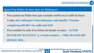Ajout de Fichiers et de Tablespaces
Administration des Bases de Données sous Oracle 62
4
Seydi Aboubacar GUEYE
Ajout d’un fichier de base dans un Tablespace :
• Pour ajouter un fichier base (par exemple user05.ora) il suffit de lancer
l’ordre alter tablespace Nom-tablespace add datafile ’Chemin-
completuser05.dbf’ size taille-init K|M
• Pour modifier la taille d’un fichier de donnée on lance : ALTER
DATABASE DATAFILE ’g :oracleoradata ... ORA-DATA02.dbf’
RESIZE 50M ;
 