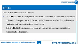Contrôle des accès
Administration des Bases de Données sous Oracle 73
6
Seydi Aboubacar GUEYE
RÔLES
Cinq rôles sont définis dans Oracle :
• CONNECT : l’utilisateur peut se connecter à la base de données et manipuler les
objets de la base pour lesquels ils ont préalablement eu un droit de manipulation
(lecture, modification, insertion, suppression)
• RESOURCE : l’utilisateur peut créer ses propres tables, index, procédures,
fonctions et déclencheurs.
 