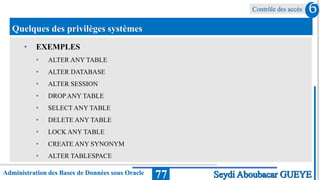 Contrôle des accès
Administration des Bases de Données sous Oracle 77
6
Seydi Aboubacar GUEYE
Quelques des privilèges systèmes
• EXEMPLES
• ALTER ANY TABLE
• ALTER DATABASE
• ALTER SESSION
• DROP ANY TABLE
• SELECT ANY TABLE
• DELETE ANY TABLE
• LOCK ANY TABLE
• CREATE ANY SYNONYM
• ALTER TABLESPACE
 