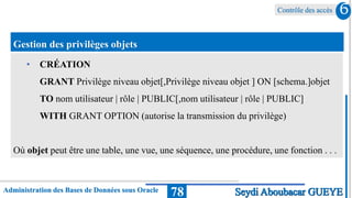 Contrôle des accès
Administration des Bases de Données sous Oracle 78
6
Seydi Aboubacar GUEYE
Gestion des privilèges objets
• CRÉATION
GRANT Privilège niveau objet[,Privilège niveau objet ] ON [schema.]objet
TO nom utilisateur | rôle | PUBLIC[,nom utilisateur | rôle | PUBLIC]
WITH GRANT OPTION (autorise la transmission du privilège)
Où objet peut être une table, une vue, une séquence, une procédure, une fonction . . .
 