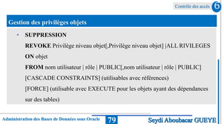 Contrôle des accès
Administration des Bases de Données sous Oracle 79
6
Seydi Aboubacar GUEYE
Gestion des privilèges objets
• SUPPRESSION
REVOKE Privilège niveau objet[,Privilège niveau objet] |ALL RIVILEGES
ON objet
FROM nom utilisateur | rôle | PUBLIC[,nom utilisateur | rôle | PUBLIC]
[CASCADE CONSTRAINTS] (utilisables avec références)
[FORCE] (utilisable avec EXECUTE pour les objets ayant des dépendances
sur des tables)
 