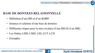 Administration des Bases de Données sous Oracle
Introduction et Rappel, Présentation et Architecture de Oracle
8
BASE DE DONNEES RELATIONNELLE
• Définition d’une BD et d’un SGBD
• Instance et schémas d’une base de données
• Différentes étapes pour la mise en place d’une BD (E/A au MR)
• Les Ordres LDD, LMD, LID, LCT, LCD
• Exemples
2
Seydi Aboubacar GUEYE
 