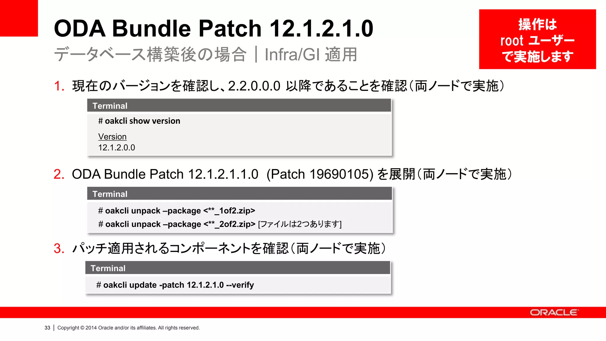 34 | Copyright © 2014 Oracle and/or its affiliates. All rights reserved.
ODA Bundle Patch 12.1.2.1.0 (ODA X4-2)
各コンポーネントのバージョン
Infra GI
Data
base
OAK
Contr
oller_I
NT
Contr
oller_
EXT
Expa
nder
SSD_
SHAR
ED
HDD_
LOCA
L
HDD_
SHAR
ED
ILOM BIOS IPMI HMP OEL ASR GI
RDB
MS
2.8.0.0.0 11.05.03.
00
11.05.03.
00
0018 9400 A600 A600 3.1.2.30.a
r83840
25010601 1.8.10.5 2.2.6.4 5.9 4.5 11.2.0.4.0 11.2.0.4.0
2.9.0.0.0 11.05.03.
00
11.05.03.
00
0018 9440 A606 A600 3.1.2.30.a
r83840
25010601 1.8.10.5 2.2.6.5 5.9 4.6 11.2.0.4.0 11.2.0.4.1
2.10.0.0.0 11.05.03.
00
11.05.03.
00
0018 9440 A606 A600 3.1.2.30.a
r83840
25010601 1.8.10.5 2.2.6.5 5.9 4.7 11.2.0.4.2 11.2.0.4.2
12.1.2.0.0 11.05.03.
00
11.05.03.
00
0018 944A A606 A690 3.1.2.30.c
r88185
25010604 1.8.10.5 2.2.6.40 5.10 4.9 12.1.0.2.0 12.1.0.2.0
12.1.2.1.0 11.05.03.
00
11.05.03.
00
0018 944A A690 A690 3.1.2.30.c
r88185
25010604 1.8.10.5 2.2.6.40 5.10 4.9 12.1.0.2.1 12.1.0.2.1
 