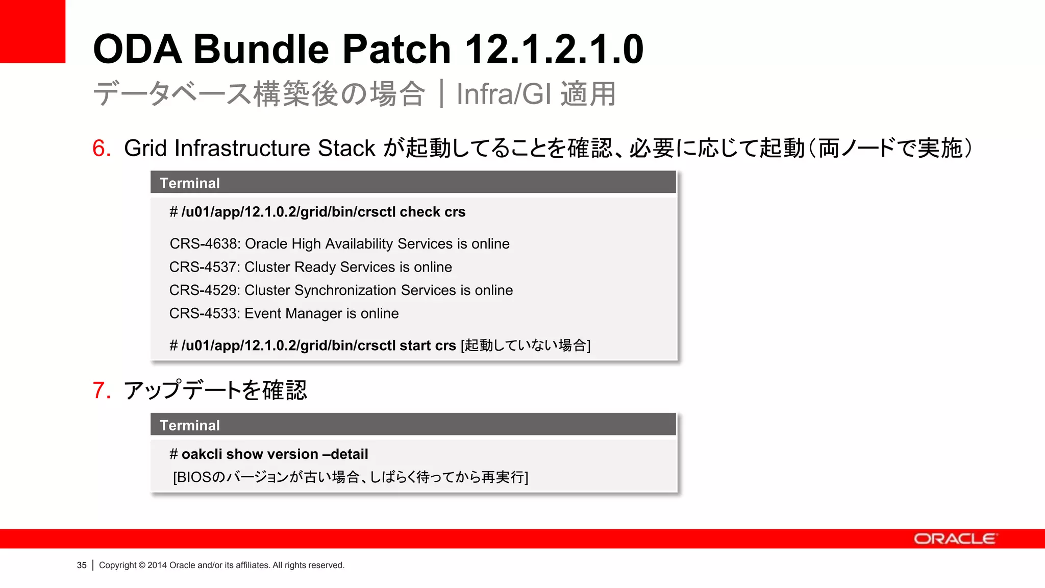 36 | Copyright © 2014 Oracle and/or its affiliates. All rights reserved.
Program Agenda
 Oracle Database Appliance パッチ概要
 Oracle Database パッチ概要
 Oracle Database Appliance 12.1.2.1
– 概要
– 適用手順
 