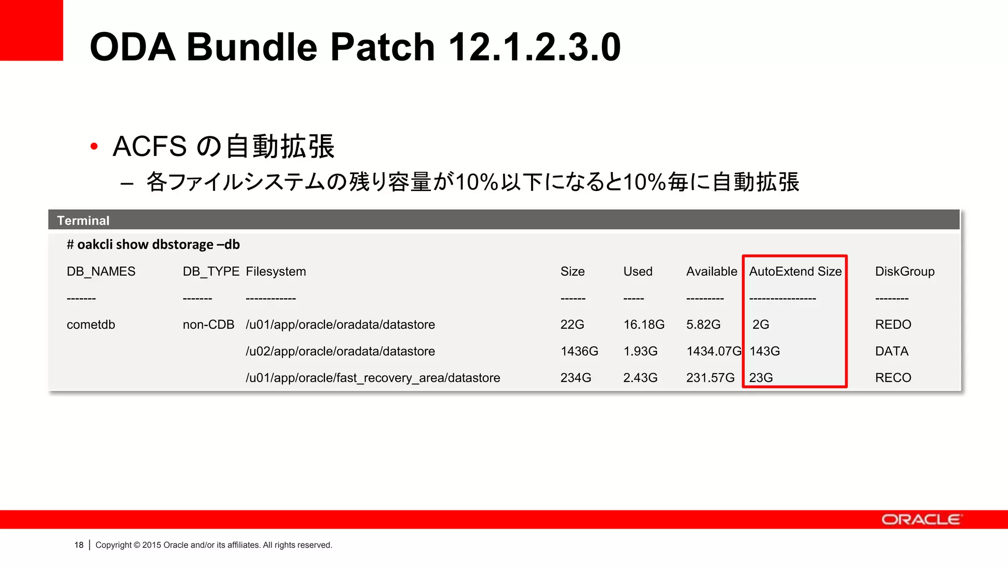 18 | Copyright © 2015 Oracle and/or its affiliates. All rights reserved.
ODA Bundle Patch 12.1.2.3.0
• ACFS の自動拡張
– 各ファイルシステムの残り容量が10%以下になると10%毎に自動拡張
Terminal
# oakcli show dbstorage –db
DB_NAMES DB_TYPE Filesystem Size Used Available AutoExtend Size DiskGroup
------- ------- ------------ ------ ----- --------- ---------------- --------
cometdb non-CDB /u01/app/oracle/oradata/datastore 22G 16.18G 5.82G 2G REDO
/u02/app/oracle/oradata/datastore 1436G 1.93G 1434.07G 143G DATA
/u01/app/oracle/fast_recovery_area/datastore 234G 2.43G 231.57G 23G RECO
 
