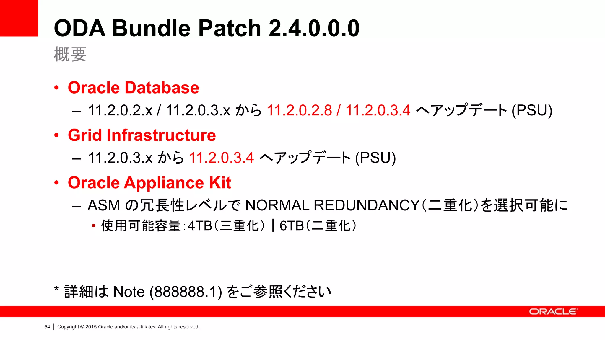 54 | Copyright © 2015 Oracle and/or its affiliates. All rights reserved.
ODA Bundle Patch 2.4.0.0.0
• Oracle Database
– 11.2.0.2.x / 11.2.0.3.x から 11.2.0.2.8 / 11.2.0.3.4 へアップデート (PSU)
• Grid Infrastructure
– 11.2.0.3.x から 11.2.0.3.4 へアップデート (PSU)
• Oracle Appliance Kit
– ASM の冗長性レベルで NORMAL REDUNDANCY（二重化）を選択可能に
• 使用可能容量：4TB（三重化）｜6TB（二重化）
* 詳細は Note (888888.1) をご参照ください
概要
 