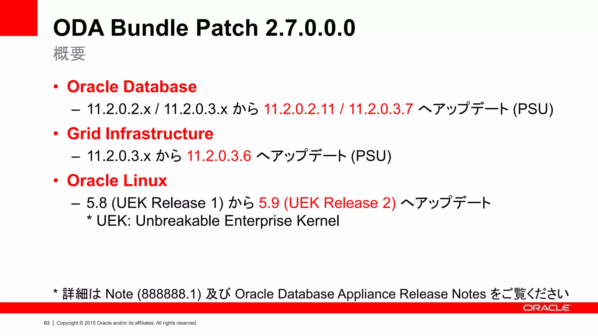 63 | Copyright © 2015 Oracle and/or its affiliates. All rights reserved.
ODA Bundle Patch 2.7.0.0.0
• Oracle Database
– 11.2.0.2.x / 11.2.0.3.x から 11.2.0.2.11 / 11.2.0.3.7 へアップデート (PSU)
• Grid Infrastructure
– 11.2.0.3.x から 11.2.0.3.6 へアップデート (PSU)
• Oracle Linux
– 5.8 (UEK Release 1) から 5.9 (UEK Release 2) へアップデート
* UEK: Unbreakable Enterprise Kernel
* 詳細は Note (888888.1) 及び Oracle Database Appliance Release Notes をご覧ください
概要
 