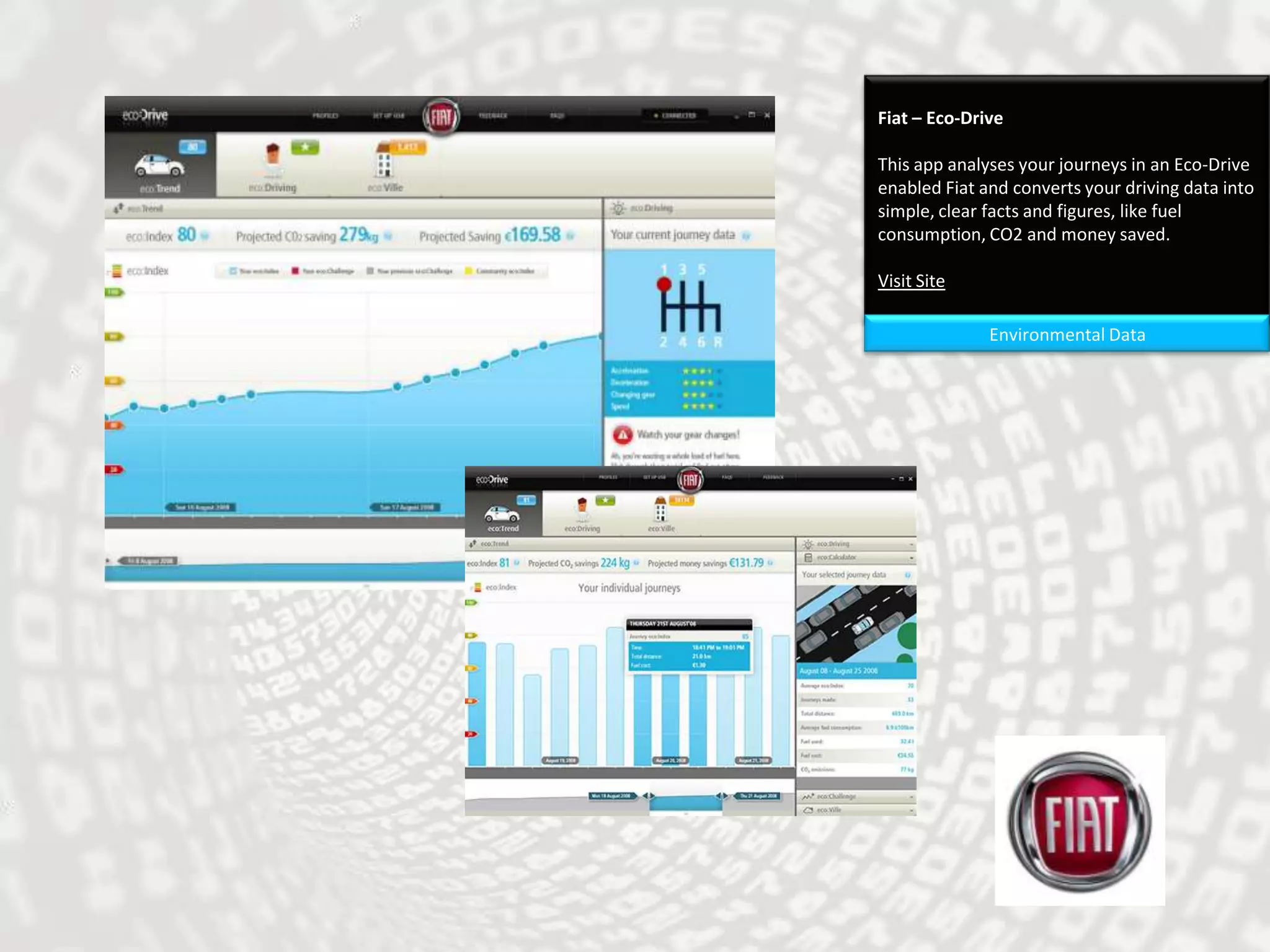 Fiat – Eco-DriveThis app analyses your journeys in an Eco-Drive enabled Fiat and converts your driving data into simple, clear facts and figures, like fuel consumption, CO2 and money saved.Visit SiteEnvironmental Data