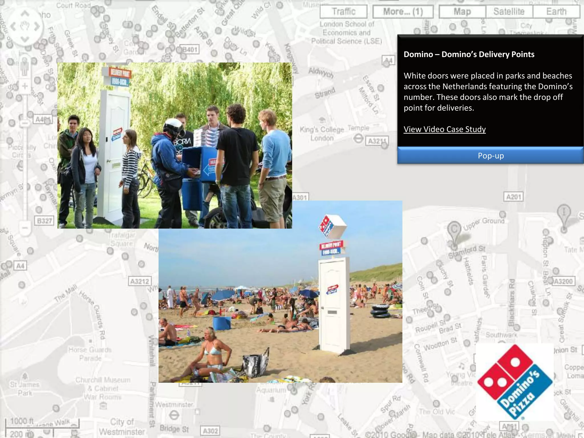 Domino – Domino’s Delivery PointsWhite doors were placed in parks and beaches across the Netherlands featuring the Domino’s number. These doors also mark the drop off point for deliveries.View Video Case StudyPop-up