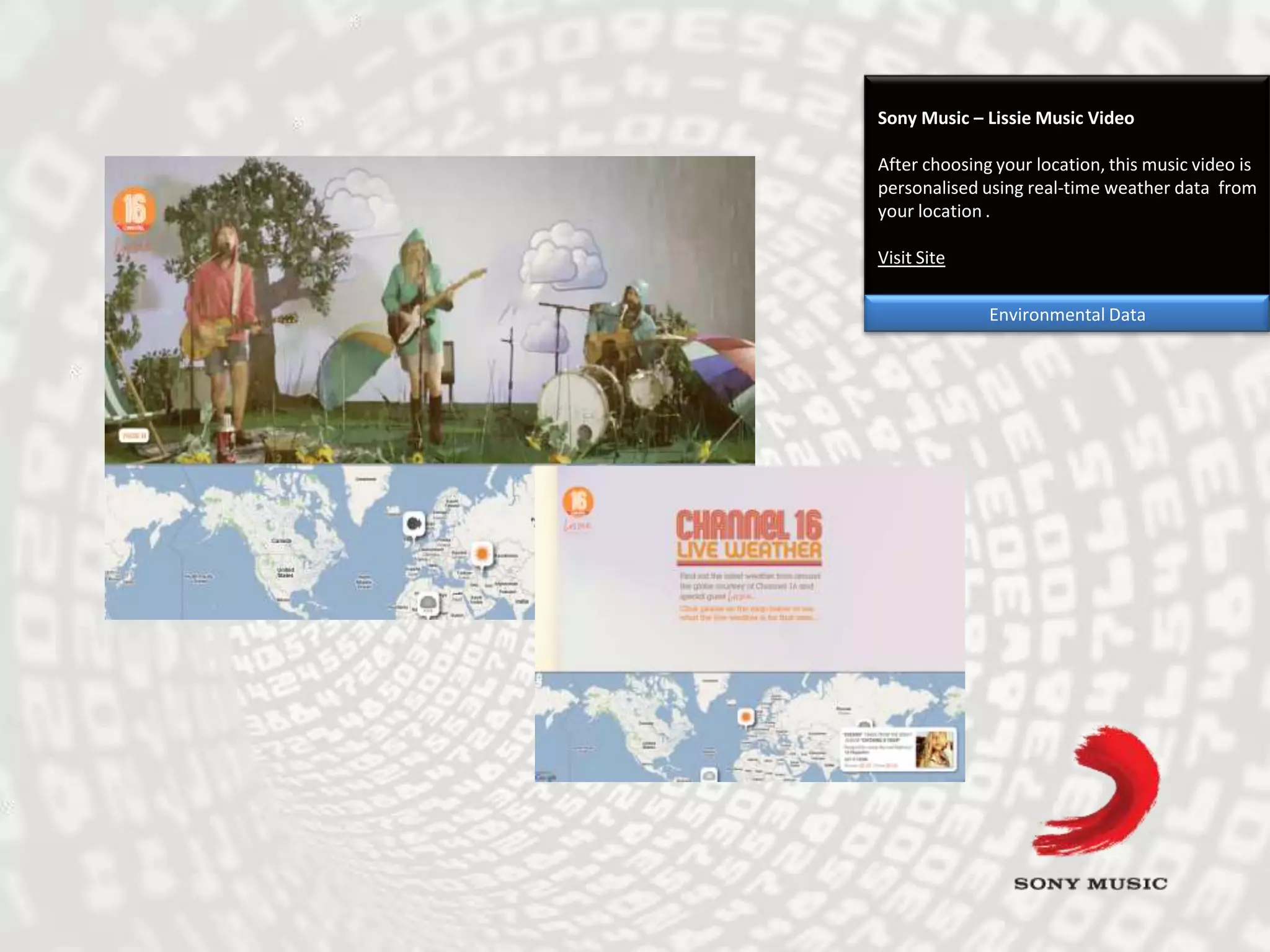 Sony Music – Lissie Music VideoAfter choosing your location, this music video is personalised using real-time weather data  from your location .Visit SiteEnvironmental Data