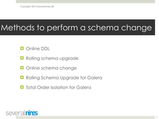 Copyright 2015 Severalnines AB
! Online DDL
! Rolling schema upgrade
! Online schema change
! Rolling Schema Upgrade for Galera
! Total Order Isolation for Galera
11
Methods to perform a schema change
 