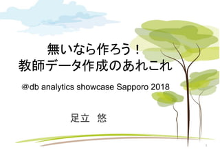 無いなら作ろう！
教師データ作成のあれこれ
＠db analytics showcase Sapporo 2018
足立　悠
1
 