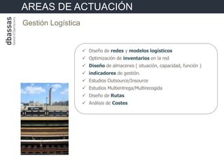 AREAS DE ACTUACIÓN
Gestión Logística


                     Diseño de redes y modelos logísticos
                     Optimización de inventarios en la red
                     Diseño de almacenes ( situación, capacidad, función )
                     indicadores de gestión.
                     Estudios Outsource/Insource
                     Estudios Multientrega/Multirecogida
                     Diseño de Rutas
                     Análisis de Costes
 