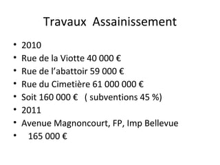Travaux  Assainissement 2010 Rue de la Viotte 40 000 € Rue de l’abattoir 59 000 € Rue du Cimetière 61 000 000 € Soit 160 000 €  ( subventions 45 %)  2011 Avenue Magnoncourt, FP, Imp Bellevue 165 000 € 