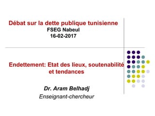 Endettement: Etat des lieux, soutenabilité
et tendances
Dr. Aram Belhadj
Enseignant-chercheur
Débat sur la dette publique tunisienne
FSEG Nabeul
16-02-2017
 