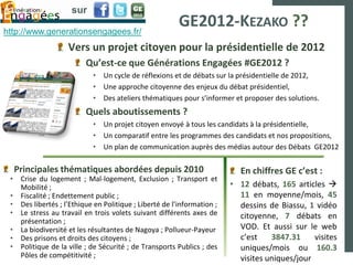 sur

http://www.generationsengagees.fr/
                                                        GE2012-KEZAKO ??
                    Vers un projet citoyen pour la présidentielle de 2012
                         Qu’est-ce que Générations Engagées #GE2012 ?
                            • Un cycle de réflexions et de débats sur la présidentielle de 2012,
                            • Une approche citoyenne des enjeux du débat présidentiel,
                            • Des ateliers thématiques pour s’informer et proposer des solutions.
                         Quels aboutissements ?
                            • Un projet citoyen envoyé à tous les candidats à la présidentielle,
                            • Un comparatif entre les programmes des candidats et nos propositions,
                            • Un plan de communication auprès des médias autour des Débats GE2012

  Principales thématiques abordées depuis 2010                            En chiffres GE c’est :
 • Crise du logement ; Mal-logement, Exclusion ; Transport et
   Mobilité ;                                                           • 12 débats, 165 articles 
 • Fiscalité ; Endettement public ;                                       11 en moyenne/mois, 45
 • Des libertés ; l’Ethique en Politique ; Liberté de l’information ;     dessins de Biassu, 1 vidéo
 • Le stress au travail en trois volets suivant différents axes de        citoyenne, 7 débats en
   présentation ;
 • La biodiversité et les résultantes de Nagoya ; Pollueur-Payeur         VOD. Et aussi sur le web
 • Des prisons et droits des citoyens ;                                   c’est    3847.31     visites
 • Politique de la ville ; de Sécurité ; de Transports Publics ; des      uniques/mois ou 160.3
   Pôles de compétitivité ;                                               visites uniques/jour
 