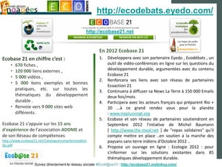 http://ecodebats.eyedo.com/

                                                http://ecobase21.net


                                                      En 2012 Ecobase 21
Ecobase 21 en chiffre c’est :                         1.   Développera avec son partenaire Eyedo , Ecodébats , un
    • 670 fiches ,                                         outil de vidéo-conférences en ligne sur les questions du
    • 120 000 liens externes ,                             développement durable, argumentées avec du contenu
                                                           Ecobase 21
    • 5 000 vidéos ,
                                                      2.   Renforcera ses liens avec son réseau de partenaires
    • 5 000 bons exemples et bonnes
                                                           Ecoaction 21
      pratiques, etc. sur toutes les                  3.   Continuera à diffuser sa News La Terre à 150 000 Emails
      thématiques du développement                         deux fois/mois
      durable .                                       4.   Participera avec les acteurs français qui préparent Rio +
    • Renvoie vers 9 000 sites web                         20 ...à ce grand rendez vous pour la planète
      différents.                                          : www.rioplusvingt.org
                                                      5.   Ecobase et son réseau de partenaires soutiendront en
Ecobase 21 s'appuie sur les 15 ans                         Septembre 2012 l'intiative de Michel Baumann
d'expérience de l'association ADOME et                     [ http://www.the-meal.net ] de "repas solidaires" qu'il
de son Réseau de compétences                               compte mettre en place ..en soutien à la marche des
http://www.ecobase21.net/Cataloguecompetencesdesn          paysans sans terre indiens d'Octobre 2012 ..
djs.pdf
                                                      6.   Propose un ouvrage en ligne : Ecologie 2012 : pour
                                                           s'informer sur les solutions existantes dans 85
                                                           thématiques développement durable.
                  Suivez directement le réseau sociale #Ecob@se21 : http://ecobase21.mytinkuy.com/
 