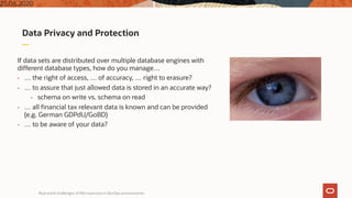 Data Privacy and Protection
If data sets are distributed over multiple database engines with
different database types, how do you manage…
• … the right of access, … of accuracy, … right to erasure?
• … to assure that just allowed data is stored in an accurate way?
• schema on write vs. schema on read
• … all financial tax relevant data is known and can be provided
(e.g. German GDPdU/GoBD)
• … to be aware of your data?
Real world challenges of Microservices in DevOps environments
25.06.202025
 
