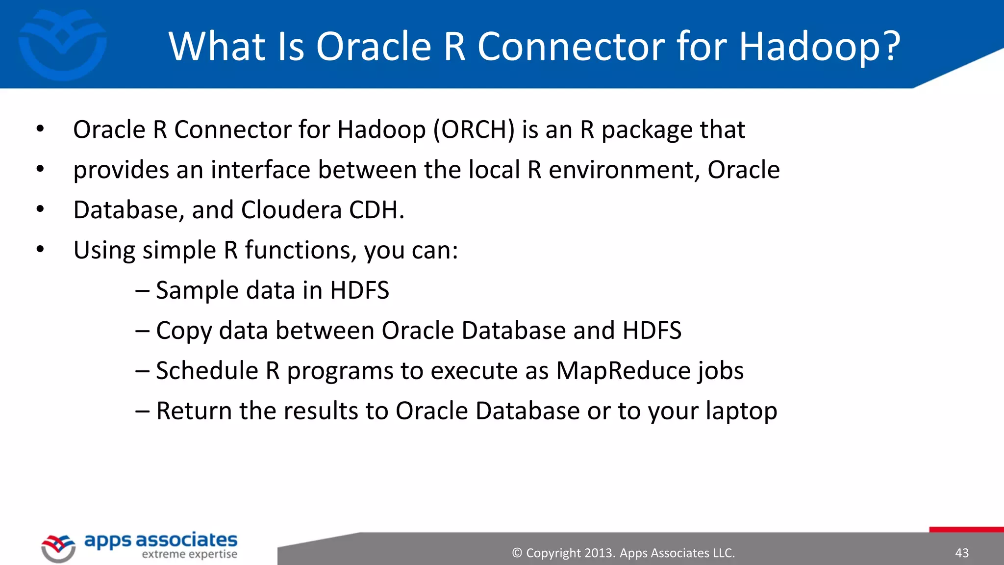HDFS Architecture
43
Metadata ops

Metadata(Name, replicas..)
(/home/foo/data,6...)

Namenode

Client
Read

Block ops
Datanodes

Datanodes
replication

B
Blocks

Rack1

Write

Rack2

Client
© Copyright 2013. Apps Associates LLC.

43

 