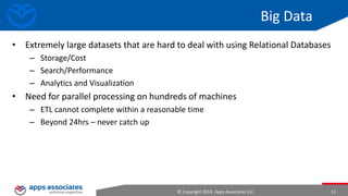 Big Data
• Extremely large datasets that are hard to deal with using Relational
Databases
– Storage/Cost
– Search/Performance
– Analytics and Visualization

• Need for parallel processing on hundreds of machines
– ETL cannot complete within a reasonable time
– Beyond 24hrs – never catch up

© Copyright 2013. Apps Associates LLC.

11

 