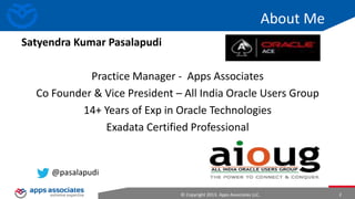 About Me
Satyendra Kumar Pasalapudi
Practice Manager – Apps Associates
Co-Founder & Vice President – All India Oracle Users Group
14+ Years of Experience in Oracle Technologies
Exadata Certified Professional

@pasalapudi

Content Courtesy oracle.com, hortonworks,couchbase,apache
© Copyright 2013. Apps Associates LLC.

2

 