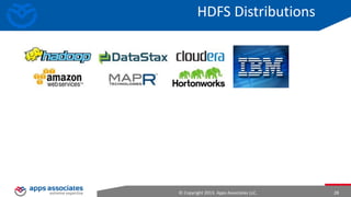 Hadoop Design Principles
• System shall manage and heal itself
– Automatically and transparently route around failure
– Speculatively execute redundant tasks if certain nodes are detected to be
slow

• Performance shall scale linearly
– Proportional change in capacity with resource change

• Compute should move to data
– Lower latency, lower bandwidth

• Simple core, modular and extensible

© Copyright 2013. Apps Associates LLC.

28

 