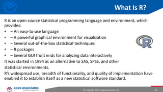 Oracle Big Data Appliance: Introduction
Oracle Big Data Appliance: Introduction
• Oracle Big Data Appliance is an engineered system containing both hardware
and software components. Oracle Big Data Appliance delivers:
‒ A complete and optimized solution for big data
‒ Single-vendor support for both hardware and software
‒ An easy-to-deploy solution

‒ Tight integration with Oracle Database

© Copyright 2013. Apps Associates LLC.

46

 