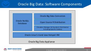 Oracle Big Data: Software Components
Oracle Big Data Connectors

Oracle NoSQL
Database

Open Source R Distribution
Cloudera Manager & Cloudera’s Distribution
Including Apache Hadoop

Oracle Linux 5.6 and Java Hotspot VM

Oracle Big Data Appliance
© Copyright 2013. Apps Associates LLC.

56

 