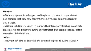 How Did Big Data Evolve?
• More people interacting with data
• Smartphones
• Internet
• Greater volumes of data being generated (machine-to-machine
generation)
• Sensors
• General Packet Radio Services (GPRS)

© Copyright 2013. Apps Associates LLC.

9

 