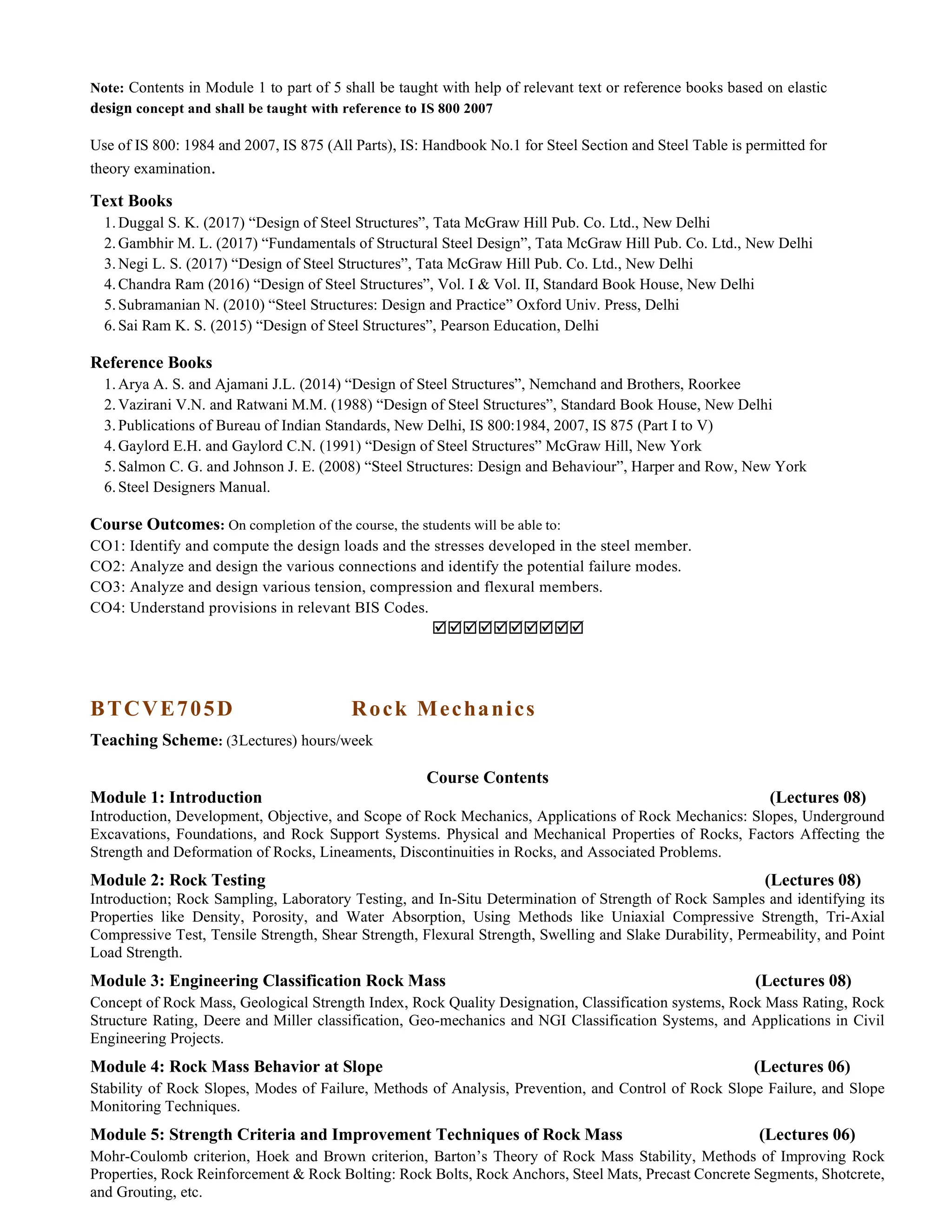 Note: Contents in Module 1 to part of 5 shall be taught with help of relevant text or reference books based on elastic
design concept and shall be taught with reference to IS 800 2007
Use of IS 800: 1984 and 2007, IS 875 (All Parts), IS: Handbook No.1 for Steel Section and Steel Table is permitted for
theory examination.
Text Books
1.Duggal S. K. (2017) “Design of Steel Structures”, Tata McGraw Hill Pub. Co. Ltd., New Delhi
2.Gambhir M. L. (2017) “Fundamentals of Structural Steel Design”, Tata McGraw Hill Pub. Co. Ltd., New Delhi
3.Negi L. S. (2017) “Design of Steel Structures”, Tata McGraw Hill Pub. Co. Ltd., New Delhi
4.Chandra Ram (2016) “Design of Steel Structures”, Vol. I & Vol. II, Standard Book House, New Delhi
5.Subramanian N. (2010) “Steel Structures: Design and Practice” Oxford Univ. Press, Delhi
6.Sai Ram K. S. (2015) “Design of Steel Structures”, Pearson Education, Delhi
Reference Books
1.Arya A. S. and Ajamani J.L. (2014) “Design of Steel Structures”, Nemchand and Brothers, Roorkee
2.Vazirani V.N. and Ratwani M.M. (1988) “Design of Steel Structures”, Standard Book House, New Delhi
3.Publications of Bureau of Indian Standards, New Delhi, IS 800:1984, 2007, IS 875 (Part I to V)
4.Gaylord E.H. and Gaylord C.N. (1991) “Design of Steel Structures” McGraw Hill, New York
5.Salmon C. G. and Johnson J. E. (2008) “Steel Structures: Design and Behaviour”, Harper and Row, New York
6.Steel Designers Manual.
Course Outcomes: On completion of the course, the students will be able to:
CO1: Identify and compute the design loads and the stresses developed in the steel member.
CO2: Analyze and design the various connections and identify the potential failure modes.
CO3: Analyze and design various tension, compression and flexural members.
CO4: Understand provisions in relevant BIS Codes.

BTCVE705D Rock Mechanics
Teaching Scheme: (3Lectures) hours/week
Course Contents
Module 1: Introduction (Lectures 08)
Introduction, Development, Objective, and Scope of Rock Mechanics, Applications of Rock Mechanics: Slopes, Underground
Excavations, Foundations, and Rock Support Systems. Physical and Mechanical Properties of Rocks, Factors Affecting the
Strength and Deformation of Rocks, Lineaments, Discontinuities in Rocks, and Associated Problems.
Module 2: Rock Testing (Lectures 08)
Introduction; Rock Sampling, Laboratory Testing, and In-Situ Determination of Strength of Rock Samples and identifying its
Properties like Density, Porosity, and Water Absorption, Using Methods like Uniaxial Compressive Strength, Tri-Axial
Compressive Test, Tensile Strength, Shear Strength, Flexural Strength, Swelling and Slake Durability, Permeability, and Point
Load Strength.
Module 3: Engineering Classification Rock Mass (Lectures 08)
Concept of Rock Mass, Geological Strength Index, Rock Quality Designation, Classification systems, Rock Mass Rating, Rock
Structure Rating, Deere and Miller classification, Geo-mechanics and NGI Classification Systems, and Applications in Civil
Engineering Projects.
Module 4: Rock Mass Behavior at Slope (Lectures 06)
Stability of Rock Slopes, Modes of Failure, Methods of Analysis, Prevention, and Control of Rock Slope Failure, and Slope
Monitoring Techniques.
Module 5: Strength Criteria and Improvement Techniques of Rock Mass (Lectures 06)
Mohr-Coulomb criterion, Hoek and Brown criterion, Barton’s Theory of Rock Mass Stability, Methods of Improving Rock
Properties, Rock Reinforcement & Rock Bolting: Rock Bolts, Rock Anchors, Steel Mats, Precast Concrete Segments, Shotcrete,
and Grouting, etc.
 