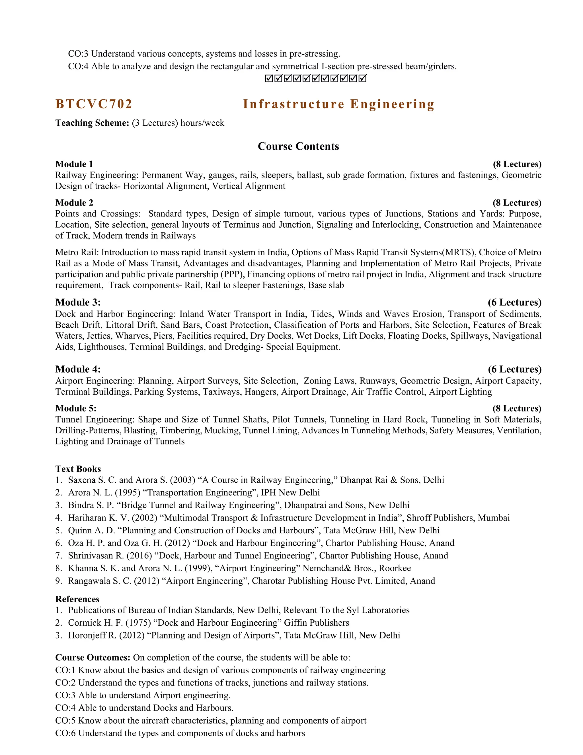 CO:3 Understand various concepts, systems and losses in pre-stressing.
CO:4 Able to analyze and design the rectangular and symmetrical I-section pre-stressed beam/girders.

BTCVC702 Infrastructure Engineering
Teaching Scheme: (3 Lectures) hours/week
Course Contents
Module 1 (8 Lectures)
Railway Engineering: Permanent Way, gauges, rails, sleepers, ballast, sub grade formation, fixtures and fastenings, Geometric
Design of tracks- Horizontal Alignment, Vertical Alignment
Module 2 (8 Lectures)
Points and Crossings: Standard types, Design of simple turnout, various types of Junctions, Stations and Yards: Purpose,
Location, Site selection, general layouts of Terminus and Junction, Signaling and Interlocking, Construction and Maintenance
of Track, Modern trends in Railways
Metro Rail: Introduction to mass rapid transit system in India, Options of Mass Rapid Transit Systems(MRTS), Choice of Metro
Rail as a Mode of Mass Transit, Advantages and disadvantages, Planning and Implementation of Metro Rail Projects, Private
participation and public private partnership (PPP), Financing options of metro rail project in India, Alignment and track structure
requirement, Track components- Rail, Rail to sleeper Fastenings, Base slab
Module 3: (6 Lectures)
Dock and Harbor Engineering: Inland Water Transport in India, Tides, Winds and Waves Erosion, Transport of Sediments,
Beach Drift, Littoral Drift, Sand Bars, Coast Protection, Classification of Ports and Harbors, Site Selection, Features of Break
Waters, Jetties, Wharves, Piers, Facilities required, Dry Docks, Wet Docks, Lift Docks, Floating Docks, Spillways, Navigational
Aids, Lighthouses, Terminal Buildings, and Dredging- Special Equipment.
Module 4: (6 Lectures)
Airport Engineering: Planning, Airport Surveys, Site Selection, Zoning Laws, Runways, Geometric Design, Airport Capacity,
Terminal Buildings, Parking Systems, Taxiways, Hangers, Airport Drainage, Air Traffic Control, Airport Lighting
Module 5: (8 Lectures)
Tunnel Engineering: Shape and Size of Tunnel Shafts, Pilot Tunnels, Tunneling in Hard Rock, Tunneling in Soft Materials,
Drilling-Patterns, Blasting, Timbering, Mucking, Tunnel Lining, Advances In Tunneling Methods, Safety Measures, Ventilation,
Lighting and Drainage of Tunnels
Text Books
1. Saxena S. C. and Arora S. (2003) “A Course in Railway Engineering,” Dhanpat Rai & Sons, Delhi
2. Arora N. L. (1995) “Transportation Engineering”, IPH New Delhi
3. Bindra S. P. “Bridge Tunnel and Railway Engineering”, Dhanpatrai and Sons, New Delhi
4. Hariharan K. V. (2002) “Multimodal Transport & Infrastructure Development in India”, Shroff Publishers, Mumbai
5. Quinn A. D. “Planning and Construction of Docks and Harbours”, Tata McGraw Hill, New Delhi
6. Oza H. P. and Oza G. H. (2012) “Dock and Harbour Engineering”, Chartor Publishing House, Anand
7. Shrinivasan R. (2016) “Dock, Harbour and Tunnel Engineering”, Chartor Publishing House, Anand
8. Khanna S. K. and Arora N. L. (1999), “Airport Engineering” Nemchand& Bros., Roorkee
9. Rangawala S. C. (2012) “Airport Engineering”, Charotar Publishing House Pvt. Limited, Anand
References
1. Publications of Bureau of Indian Standards, New Delhi, Relevant To the Syl Laboratories
2. Cormick H. F. (1975) “Dock and Harbour Engineering” Giffin Publishers
3. Horonjeff R. (2012) “Planning and Design of Airports”, Tata McGraw Hill, New Delhi
Course Outcomes: On completion of the course, the students will be able to:
CO:1 Know about the basics and design of various components of railway engineering
CO:2 Understand the types and functions of tracks, junctions and railway stations.
CO:3 Able to understand Airport engineering.
CO:4 Able to understand Docks and Harbours.
CO:5 Know about the aircraft characteristics, planning and components of airport
CO:6 Understand the types and components of docks and harbors
 