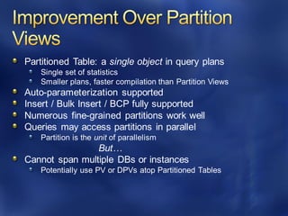 Partitioned Table: a single object in query plans
Single set of statistics
Smaller plans, faster compilation than Partition Views
Auto-parameterization supported
Insert / Bulk Insert / BCP fully supported
Numerous fine-grained partitions work well
Queries may access partitions in parallel
Partition is the unit of parallelism
But…
Cannot span multiple DBs or instances
Potentially use PV or DPVs atop Partitioned Tables
 