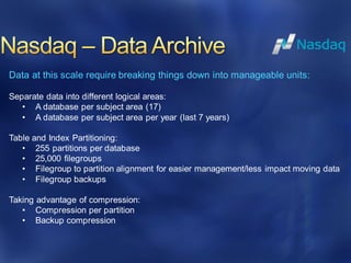 Data at this scale require breaking things down into manageable units:
Separate data into different logical areas:
• A database per subject area (17)
• A database per subject area per year (last 7 years)
Table and Index Partitioning:
• 255 partitions per database
• 25,000 filegroups
• Filegroup to partition alignment for easier management/less impact moving data
• Filegroup backups
Taking advantage of compression:
• Compression per partition
• Backup compression
 