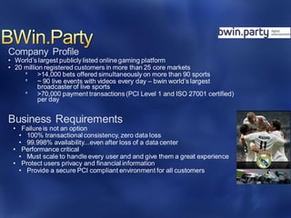 Company Profile
• World’s largest publicly listed online gaming platform
• 20 million registered customers in more than 25 core markets
>14,000 bets offered simultaneously on more than 90 sports
~ 90 live events with videos every day – bwin world’s largest
broadcaster of live sports
>70,000 payment transactions (PCI Level 1 and ISO 27001 certified)
per day
Business Requirements
• Failure is not an option
• 100% transactional consistency, zero data loss
• 99.998% availability...even after loss of a data center
• Performance critical
• Must scale to handle every user and and give them a great experience
• Protect users privacy and financial information
• Provide a secure PCI compliant environment for all customers
 