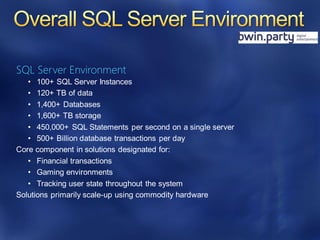 SQL Server Environment
• 100+ SQL Server Instances
• 120+ TB of data
• 1,400+ Databases
• 1,600+ TB storage
• 450,000+ SQL Statements per second on a single server
• 500+ Billion database transactions per day
Core component in solutions designated for:
• Financial transactions
• Gaming environments
• Tracking user state throughout the system
Solutions primarily scale-up using commodity hardware
 