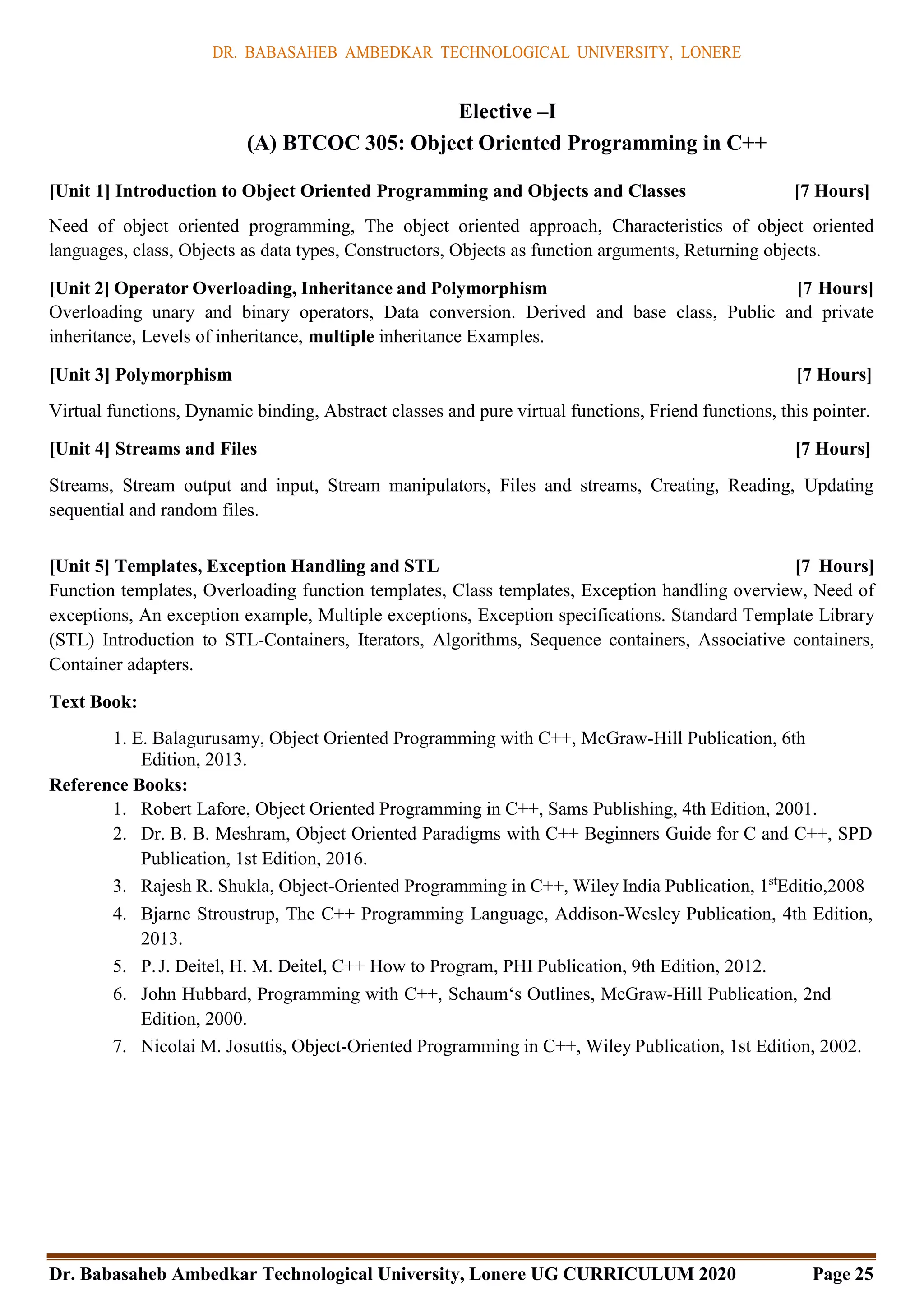 DR. BABASAHEB AMBEDKAR TECHNOLOGICAL UNIVERSITY, LONERE
Dr. Babasaheb Ambedkar Technological University, Lonere UG CURRICULUM 2020 Page 25
Elective –I
(A) BTCOC 305: Object Oriented Programming in C++
[Unit 1] Introduction to Object Oriented Programming and Objects and Classes [7 Hours]
Need of object oriented programming, The object oriented approach, Characteristics of object oriented
languages, class, Objects as data types, Constructors, Objects as function arguments, Returning objects.
[Unit 2] Operator Overloading, Inheritance and Polymorphism [7 Hours]
Overloading unary and binary operators, Data conversion. Derived and base class, Public and private
inheritance, Levels of inheritance, multiple inheritance Examples.
[Unit 3] Polymorphism [7 Hours]
Virtual functions, Dynamic binding, Abstract classes and pure virtual functions, Friend functions, this pointer.
[Unit 4] Streams and Files [7 Hours]
Streams, Stream output and input, Stream manipulators, Files and streams, Creating, Reading, Updating
sequential and random files.
[Unit 5] Templates, Exception Handling and STL [7 Hours]
Function templates, Overloading function templates, Class templates, Exception handling overview, Need of
exceptions, An exception example, Multiple exceptions, Exception specifications. Standard Template Library
(STL) Introduction to STL-Containers, Iterators, Algorithms, Sequence containers, Associative containers,
Container adapters.
Text Book:
1. E. Balagurusamy, Object Oriented Programming with C++, McGraw-Hill Publication, 6th
Edition, 2013.
Reference Books:
1. Robert Lafore, Object Oriented Programming in C++, Sams Publishing, 4th Edition, 2001.
2. Dr. B. B. Meshram, Object Oriented Paradigms with C++ Beginners Guide for C and C++, SPD
Publication, 1st Edition, 2016.
3. Rajesh R. Shukla, Object-Oriented Programming in C++, Wiley India Publication, 1st
Editio,2008
4. Bjarne Stroustrup, The C++ Programming Language, Addison-Wesley Publication, 4th Edition,
2013.
5. P.J. Deitel, H. M. Deitel, C++ How to Program, PHI Publication, 9th Edition, 2012.
6. John Hubbard, Programming with C++, Schaum‘s Outlines, McGraw-Hill Publication, 2nd
Edition, 2000.
7. Nicolai M. Josuttis, Object-Oriented Programming in C++, Wiley Publication, 1st Edition, 2002.
 