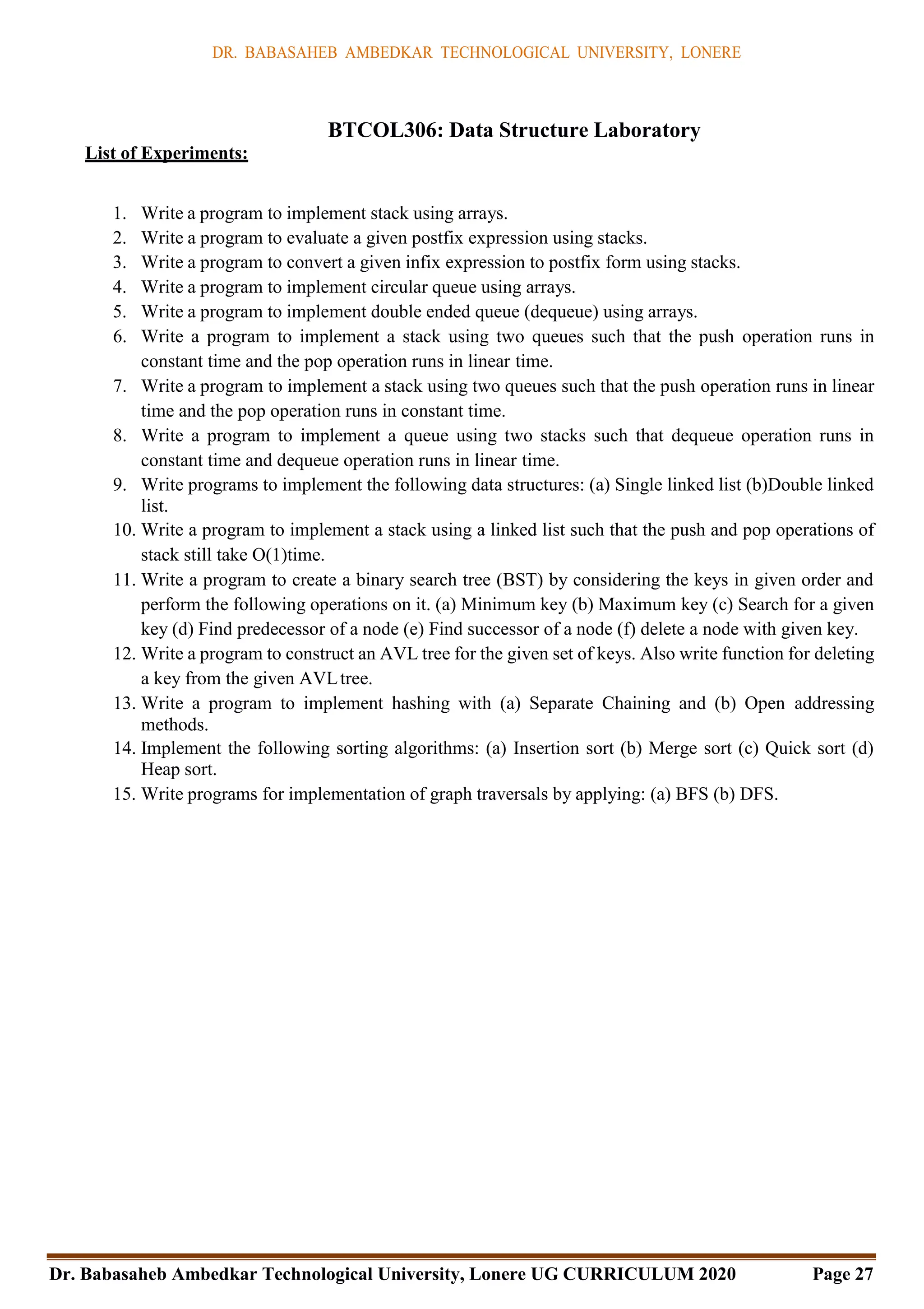 DR. BABASAHEB AMBEDKAR TECHNOLOGICAL UNIVERSITY, LONERE
Dr. Babasaheb Ambedkar Technological University, Lonere UG CURRICULUM 2020 Page 27
List of Experiments:
BTCOL306: Data Structure Laboratory
1. Write a program to implement stack using arrays.
2. Write a program to evaluate a given postfix expression using stacks.
3. Write a program to convert a given infix expression to postfix form using stacks.
4. Write a program to implement circular queue using arrays.
5. Write a program to implement double ended queue (dequeue) using arrays.
6. Write a program to implement a stack using two queues such that the push operation runs in
constant time and the pop operation runs in linear time.
7. Write a program to implement a stack using two queues such that the push operation runs in linear
time and the pop operation runs in constant time.
8. Write a program to implement a queue using two stacks such that dequeue operation runs in
constant time and dequeue operation runs in linear time.
9. Write programs to implement the following data structures: (a) Single linked list (b)Double linked
list.
10. Write a program to implement a stack using a linked list such that the push and pop operations of
stack still take O(1)time.
11. Write a program to create a binary search tree (BST) by considering the keys in given order and
perform the following operations on it. (a) Minimum key (b) Maximum key (c) Search for a given
key (d) Find predecessor of a node (e) Find successor of a node (f) delete a node with given key.
12. Write a program to construct an AVL tree for the given set of keys. Also write function for deleting
a key from the given AVLtree.
13. Write a program to implement hashing with (a) Separate Chaining and (b) Open addressing
methods.
14. Implement the following sorting algorithms: (a) Insertion sort (b) Merge sort (c) Quick sort (d)
Heap sort.
15. Write programs for implementation of graph traversals by applying: (a) BFS (b) DFS.
 