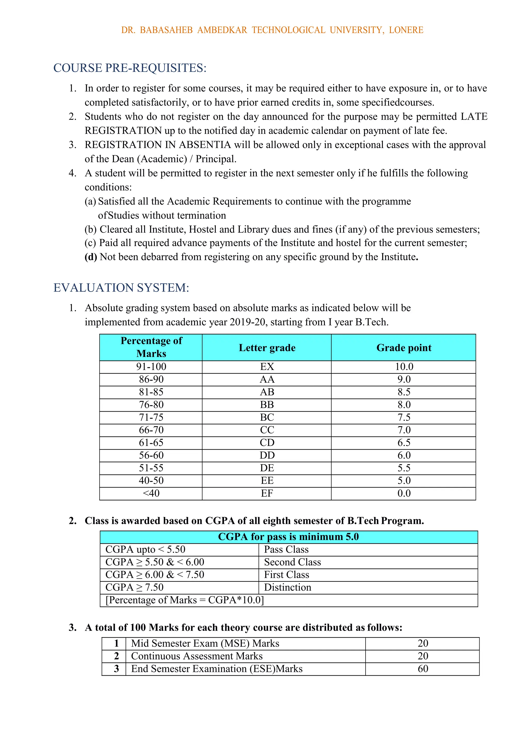 DR. BABASAHEB AMBEDKAR TECHNOLOGICAL UNIVERSITY, LONERE
COURSE PRE-REQUISITES:
1. In order to register for some courses, it may be required either to have exposure in, or to have
completed satisfactorily, or to have prior earned credits in, some specifiedcourses.
2. Students who do not register on the day announced for the purpose may be permitted LATE
REGISTRATION up to the notified day in academic calendar on payment of late fee.
3. REGISTRATION IN ABSENTIA will be allowed only in exceptional cases with the approval
of the Dean (Academic) / Principal.
4. A student will be permitted to register in the next semester only if he fulfills the following
conditions:
(a) Satisfied all the Academic Requirements to continue with the programme
ofStudies without termination
(b) Cleared all Institute, Hostel and Library dues and fines (if any) of the previous semesters;
(c) Paid all required advance payments of the Institute and hostel for the current semester;
(d) Not been debarred from registering on any specific ground by the Institute.
EVALUATION SYSTEM:
1. Absolute grading system based on absolute marks as indicated below will be
implemented from academic year 2019-20, starting from I year B.Tech.
Percentage of
Marks
Letter grade Grade point
91-100 EX 10.0
86-90 AA 9.0
81-85 AB 8.5
76-80 BB 8.0
71-75 BC 7.5
66-70 CC 7.0
61-65 CD 6.5
56-60 DD 6.0
51-55 DE 5.5
40-50 EE 5.0
<40 EF 0.0
2. Class is awarded based on CGPA of all eighth semester of B.Tech Program.
CGPA for pass is minimum 5.0
CGPA upto < 5.50 Pass Class
CGPA ≥ 5.50 & < 6.00 Second Class
CGPA ≥ 6.00 & < 7.50 First Class
CGPA ≥ 7.50 Distinction
[Percentage of Marks = CGPA*10.0]
3. A total of 100 Marks for each theory course are distributed as follows:
1 Mid Semester Exam (MSE) Marks 20
2 Continuous Assessment Marks 20
3 End Semester Examination (ESE)Marks 60
 