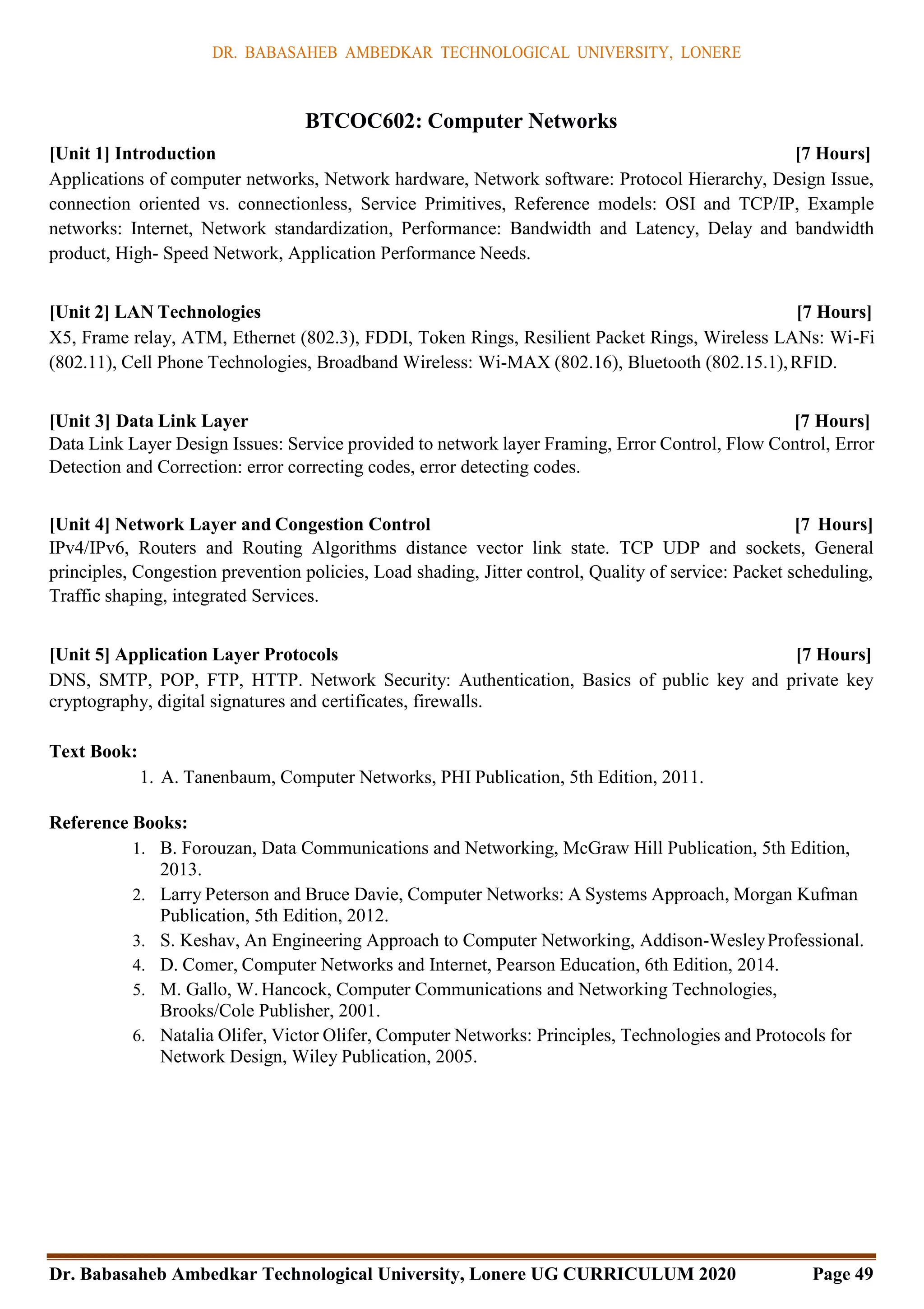 DR. BABASAHEB AMBEDKAR TECHNOLOGICAL UNIVERSITY, LONERE
Dr. Babasaheb Ambedkar Technological University, Lonere UG CURRICULUM 2020 Page 49
BTCOC602: Computer Networks
[Unit 1] Introduction [7 Hours]
Applications of computer networks, Network hardware, Network software: Protocol Hierarchy, Design Issue,
connection oriented vs. connectionless, Service Primitives, Reference models: OSI and TCP/IP, Example
networks: Internet, Network standardization, Performance: Bandwidth and Latency, Delay and bandwidth
product, High- Speed Network, Application Performance Needs.
[Unit 2] LAN Technologies [7 Hours]
X5, Frame relay, ATM, Ethernet (802.3), FDDI, Token Rings, Resilient Packet Rings, Wireless LANs: Wi-Fi
(802.11), Cell Phone Technologies, Broadband Wireless: Wi-MAX (802.16), Bluetooth (802.15.1),RFID.
[Unit 3] Data Link Layer [7 Hours]
Data Link Layer Design Issues: Service provided to network layer Framing, Error Control, Flow Control, Error
Detection and Correction: error correcting codes, error detecting codes.
[Unit 4] Network Layer and Congestion Control [7 Hours]
IPv4/IPv6, Routers and Routing Algorithms distance vector link state. TCP UDP and sockets, General
principles, Congestion prevention policies, Load shading, Jitter control, Quality of service: Packet scheduling,
Traffic shaping, integrated Services.
[Unit 5] Application Layer Protocols [7 Hours]
DNS, SMTP, POP, FTP, HTTP. Network Security: Authentication, Basics of public key and private key
cryptography, digital signatures and certificates, firewalls.
Text Book:
1. A. Tanenbaum, Computer Networks, PHI Publication, 5th Edition, 2011.
Reference Books:
1. B. Forouzan, Data Communications and Networking, McGraw Hill Publication, 5th Edition,
2013.
2. Larry Peterson and Bruce Davie, Computer Networks: A Systems Approach, Morgan Kufman
Publication, 5th Edition, 2012.
3. S. Keshav, An Engineering Approach to Computer Networking, Addison-WesleyProfessional.
4. D. Comer, Computer Networks and Internet, Pearson Education, 6th Edition, 2014.
5. M. Gallo, W. Hancock, Computer Communications and Networking Technologies,
Brooks/Cole Publisher, 2001.
6. Natalia Olifer, Victor Olifer, Computer Networks: Principles, Technologies and Protocols for
Network Design, Wiley Publication, 2005.
 