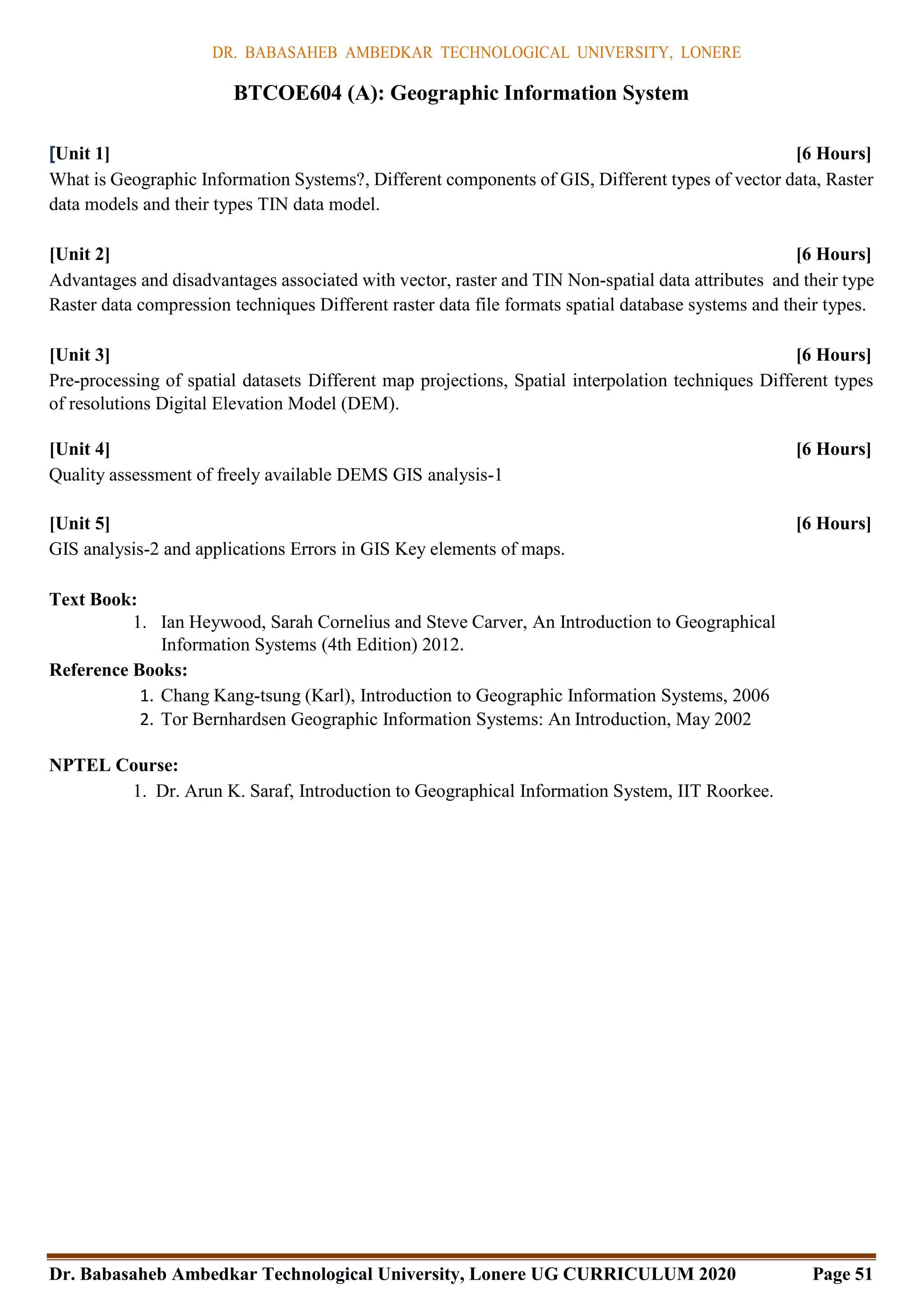 DR. BABASAHEB AMBEDKAR TECHNOLOGICAL UNIVERSITY, LONERE
Dr. Babasaheb Ambedkar Technological University, Lonere UG CURRICULUM 2020 Page 51
BTCOE604 (A): Geographic Information System
[Unit 1] [6 Hours]
What is Geographic Information Systems?, Different components of GIS, Different types of vector data, Raster
data models and their types TIN data model.
[Unit 2] [6 Hours]
Advantages and disadvantages associated with vector, raster and TIN Non-spatial data attributes and their type
Raster data compression techniques Different raster data file formats spatial database systems and their types.
[Unit 3] [6 Hours]
Pre-processing of spatial datasets Different map projections, Spatial interpolation techniques Different types
of resolutions Digital Elevation Model (DEM).
[Unit 4] [6 Hours]
Quality assessment of freely available DEMS GIS analysis-1
[Unit 5] [6 Hours]
GIS analysis-2 and applications Errors in GIS Key elements of maps.
Text Book:
1. Ian Heywood, Sarah Cornelius and Steve Carver, An Introduction to Geographical
Information Systems (4th Edition) 2012.
Reference Books:
1. Chang Kang-tsung (Karl), Introduction to Geographic Information Systems, 2006
2. Tor Bernhardsen Geographic Information Systems: An Introduction, May 2002
NPTEL Course:
1. Dr. Arun K. Saraf, Introduction to Geographical Information System, IIT Roorkee.
 