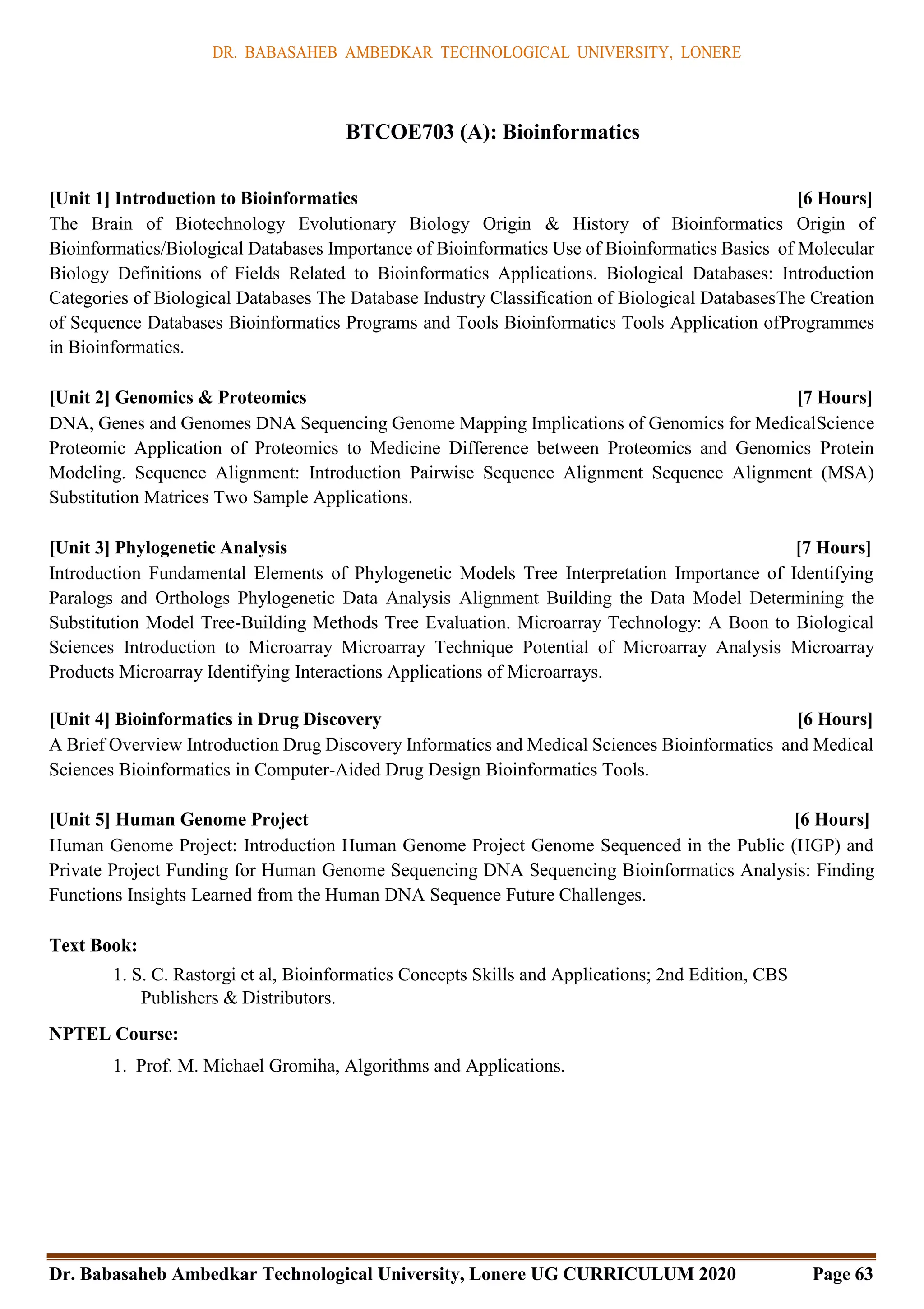 DR. BABASAHEB AMBEDKAR TECHNOLOGICAL UNIVERSITY, LONERE
Dr. Babasaheb Ambedkar Technological University, Lonere UG CURRICULUM 2020 Page 63
BTCOE703 (A): Bioinformatics
[Unit 1] Introduction to Bioinformatics [6 Hours]
The Brain of Biotechnology Evolutionary Biology Origin & History of Bioinformatics Origin of
Bioinformatics/Biological Databases Importance of Bioinformatics Use of Bioinformatics Basics of Molecular
Biology Definitions of Fields Related to Bioinformatics Applications. Biological Databases: Introduction
Categories of Biological Databases The Database Industry Classification of Biological DatabasesThe Creation
of Sequence Databases Bioinformatics Programs and Tools Bioinformatics Tools Application ofProgrammes
in Bioinformatics.
[Unit 2] Genomics & Proteomics [7 Hours]
DNA, Genes and Genomes DNA Sequencing Genome Mapping Implications of Genomics for MedicalScience
Proteomic Application of Proteomics to Medicine Difference between Proteomics and Genomics Protein
Modeling. Sequence Alignment: Introduction Pairwise Sequence Alignment Sequence Alignment (MSA)
Substitution Matrices Two Sample Applications.
[Unit 3] Phylogenetic Analysis [7 Hours]
Introduction Fundamental Elements of Phylogenetic Models Tree Interpretation Importance of Identifying
Paralogs and Orthologs Phylogenetic Data Analysis Alignment Building the Data Model Determining the
Substitution Model Tree-Building Methods Tree Evaluation. Microarray Technology: A Boon to Biological
Sciences Introduction to Microarray Microarray Technique Potential of Microarray Analysis Microarray
Products Microarray Identifying Interactions Applications of Microarrays.
[Unit 4] Bioinformatics in Drug Discovery [6 Hours]
A Brief Overview Introduction Drug Discovery Informatics and Medical Sciences Bioinformatics and Medical
Sciences Bioinformatics in Computer-Aided Drug Design Bioinformatics Tools.
[Unit 5] Human Genome Project [6 Hours]
Human Genome Project: Introduction Human Genome Project Genome Sequenced in the Public (HGP) and
Private Project Funding for Human Genome Sequencing DNA Sequencing Bioinformatics Analysis: Finding
Functions Insights Learned from the Human DNA Sequence Future Challenges.
Text Book:
1. S. C. Rastorgi et al, Bioinformatics Concepts Skills and Applications; 2nd Edition, CBS
Publishers & Distributors.
NPTEL Course:
1. Prof. M. Michael Gromiha, Algorithms and Applications.
 