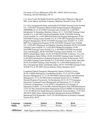 University of Texas, Malmstrom AFB, MT., OSHA 3010 Excavation,
Trenching, and Soil Mechanics, 06-12.
U.S. Army Center for Health Promotion and Preventive Medicine, Edgewood,
MD., Laser Optical and Radio Frequency Radiation Hazards Course, 05-09.
U.S. Navy Occupational Safety and Health (NAVOSH) Training Center Norfolk
VA, A-493-0077 Hazardous Material Spill Incident Response Management
(HMSIRM), 02-12; NAVOSH Training Center Norfolk VA, A-493-0031
Introduction To Hazardous Materials Ashore, 01-11; NAVOSH Training Center
Norfolk VA, A-493-0033 Electrical Standards, 08-09; NAVOSH Training
Center Norfolk VA, A-493-0084 Fall Protection Program Management, 07-09;
NAVOSH Training Center Norfolk VA, N A-493-0072 Respiratory Protection
Program Management, 06-09; NAVOSH Training Center Norfolk VA, A-493-
0085 Navy Ergonomics Program, 05-09; NAVOSH Training Center Norfolk
VA, A-493-0073 Machinery and Machine Guarding Standards, 04-09; NAVOSH
Training Center Norfolk VA, A-493-0078 Mishap Investigation, 03-09;
NAVOSH Training Center Norfolk VA, A-493-0089 NAVOSH Assessment
Tools and Strategies, 06-08; NAVOSH Training Center Norfolk VA, A-493-
0030 Confined Space Safety, 03-08; NAVSEASYSCOM, Yorktown, VA, S-4J-
0016 Radiation Safety Officer, 02-08; NAVOSH Training Center Norfolk VA,
A-493-0035 Introduction to Industrial Hygiene for Safety Professionals, 10-07;
NAVOSH Training Center Norfolk VA, A-493-0065 Aviation Safety Specialist,
04-94; NAVOSH Training Center Norfolk VA, A-493-0050 Introduction to
Navy Occupational Safety and Health Ashore, 06-93; NAVOSH Training Center
Norfolk VA, A-493-0061 General Industry Safety Standards, 05-93.
Completed Federal Emergency Management Agency (FEMA) Courses;
IS-701.a NIMS Multiagency Coordination System, 12-12; IS-703.a NIMS
Resource Management, 12-12; IS-704 NIMS Communications and Information
Management, 12-12; IS-300 Incident Command System, 03-11; IS-800.b
National Response Framework, An Introduction, 02-11; IS-775 Emergency
Operations Command Center Management and Operations, 01-11; IS-546
Continuity of Operations, 12-10; IS-547.a Introduction to Continuity of
Operations (COOP), 12-10; IS-800.a National Response Plan (NRP)Introduction,
12-07; IS-700.a National Incident Management System (NIMS) An Introduction,
11-07; IS-200 ICS for Single Resources and Initial Action Incidents, 11-07; ICS-
200 (NFA Q463) Basic National Incident Management System (NIMS)for
Operational First Responders, 10-07; IS-100 Introduction to Incident Command
System (ICS), 09-07.
Language
Skills:
Language Spoken Written Read
Japanese Novice Novice Novice
Affiliations: Alpha Sigma Lambda National Honor Society (ASL) - Member
 