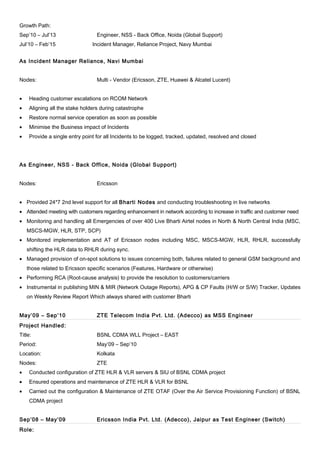 Growth Path:
Sep’10 – Jul’13 Engineer, NSS - Back Office, Noida (Global Support)
Jul’10 – Feb’15 Incident Manager, Reliance Project, Navy Mumbai
As Incident Manager Reliance, Navi Mumbai
Nodes: Multi - Vendor (Ericsson, ZTE, Huawei & Alcatel Lucent)
• Heading customer escalations on RCOM Network
• Aligning all the stake holders during catastrophe
• Restore normal service operation as soon as possible
• Minimise the Business impact of Incidents
• Provide a single entry point for all Incidents to be logged, tracked, updated, resolved and closed
As Engineer, NSS - Back Office, Noida (Global Support)
Nodes: Ericsson
• Provided 24*7 2nd level support for all Bharti Nodes and conducting troubleshooting in live networks
• Attended meeting with customers regarding enhancement in network according to increase in traffic and customer need
• Monitoring and handling all Emergencies of over 400 Live Bharti Airtel nodes in North & North Central India (MSC,
MSCS-MGW, HLR, STP, SCP)
• Monitored implementation and AT of Ericsson nodes including MSC, MSCS-MGW, HLR, RHLR, successfully
shifting the HLR data to RHLR during sync.
• Managed provision of on-spot solutions to issues concerning both, failures related to general GSM background and
those related to Ericsson specific scenarios (Features, Hardware or otherwise)
• Performing RCA (Root-cause analysis) to provide the resolution to customers/carriers
• Instrumental in publishing MIN & MIR (Network Outage Reports), APG & CP Faults (H/W or S/W) Tracker, Updates
on Weekly Review Report Which always shared with customer Bharti
May’09 – Sep’10 ZTE Telecom India Pvt. Ltd. (Adecco) as MSS Engineer
Project Handled:
Title: BSNL CDMA WLL Project – EAST
Period: May’09 – Sep’10
Location: Kolkata
Nodes: ZTE
• Conducted configuration of ZTE HLR & VLR servers & SIU of BSNL CDMA project
• Ensured operations and maintenance of ZTE HLR & VLR for BSNL
• Carried out the configuration & Maintenance of ZTE OTAF (Over the Air Service Provisioning Function) of BSNL
CDMA project
Sep’08 – May’09 Ericsson India Pvt. Ltd. (Adecco), Jaipur as Test Engineer (Switch)
Role:
 