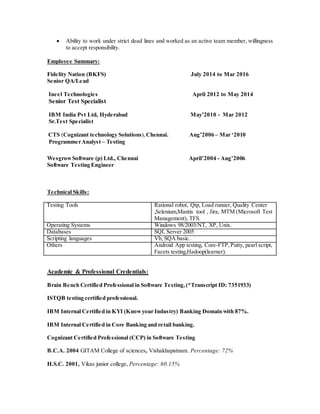  Ability to work under strict dead lines and worked as an active team member, willingness
to accept responsibility.
Employee Summary:
Fidelity Nation (BKFS) July 2014 to Mar 2016
Senior QA/Lead
Ineel Technologies April 2012 to May 2014
Senior Test Specialist
IBM India Pvt Ltd, Hyderabad May’2010 - Mar 2012
Sr.Test Specialist
CTS (Cognizant technology Solutions), Chennai. Aug’2006 – Mar ‘2010
ProgrammerAnalyst – Testing
WesgrowSoftware (p) Ltd., Chennai April’2004 - Aug’2006
Software Testing Engineer
Technical Skills:
Testing Tools Rational robot, Qtp, Load runner, Quality Center
,Selenium,Mantis tool , Jira, MTM (Microsoft Test
Management), TFS.
Operating Systems Windows 98/2003/NT, XP, Unix.
Databases SQL Server 2005
Scripting languages Vb, SQA basic.
Others Android App testing, Core-FTP,Putty, pearl script,
Facets testing,Hadoop(learner).
Academic & Professional Credentials:
Brain Bench Certified Professional in Software Testing,(*Transcript ID: 7351933)
ISTQB testing certified professional.
IBM Internal Certified in KYI (Knowyour Industry) Banking Domain with 87%.
IBM Internal Certified in Core Banking and retail banking.
Cognizant Certified Professional (CCP) in Software Testing
B.C.A. 2004 GITAM College of sciences, Vishakhapatnam. Percentage: 72%
H.S.C. 2001, Vikas junior college, Percentage: 60.15%
 