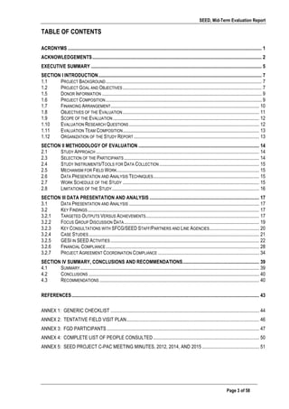 SEED, Mid-Term Evaluation Report
	
   Page 3 of 58
TABLE OF CONTENTS
ACRONYMS ............................................................................................................................................................... 1
ACKNOWLEDGEMENTS........................................................................................................................................... 2
EXECUTIVE SUMMARY ............................................................................................................................................ 5
SECTION I INTRODUCTION...................................................................................................................................... 7
1.1 PROJECT BACKGROUND................................................................................................................................ 7
1.2 PROJECT GOAL AND OBJECTIVES.................................................................................................................. 7
1.5 DONOR INFORMATION ................................................................................................................................... 9
1.6 PROJECT COMPOSITION................................................................................................................................ 9
1.7 FINANCING ARRANGEMENT.......................................................................................................................... 10
1.8 OBJECTIVES OF THE EVALUATION................................................................................................................ 11
1.9 SCOPE OF THE EVALUATION ........................................................................................................................ 12
1.10 EVALUATION RESEARCH QUESTIONS........................................................................................................... 12
1.11 EVALUATION TEAM COMPOSITION................................................................................................................ 13
1.12 ORGANIZATION OF THE STUDY REPORT ....................................................................................................... 13
SECTION II METHODOLOGY OF EVALUATION ................................................................................................... 14
2.1 STUDY APPROACH ...................................................................................................................................... 14
2.3 SELECTION OF THE PARTICIPANTS............................................................................................................... 14
2.4 STUDY INSTRUMENTS/TOOLS FOR DATA COLLECTION .................................................................................. 15
2.5 MECHANISM FOR FIELD WORK..................................................................................................................... 15
2.6 DATA PRESENTATION AND ANALYSIS TECHNIQUES....................................................................................... 15
2.7 WORK SCHEDULE OF THE STUDY ................................................................................................................ 15
2.8 LIMITATIONS OF THE STUDY......................................................................................................................... 16
SECTION III DATA PRESENTATION AND ANALYSIS .......................................................................................... 17
3.1 DATA PRESENTATION AND ANALYSIS ........................................................................................................... 17
3.2 KEY FINDINGS............................................................................................................................................. 17
3.2.1 TARGETED OUTPUTS VERSUS ACHIEVEMENTS............................................................................................. 17
3.2.2 FOCUS GROUP DISCUSSION DATA............................................................................................................... 19
3.2.3 KEY CONSULTATIONS WITH SFCG/SEED STAFF/PARTNERS AND LINE AGENCIES......................................... 20
3.2.4 CASE STUDIES............................................................................................................................................ 21
3.2.5 GESI IN SEED ACTIVITIES .......................................................................................................................... 22
3.2.6 FINANCIAL COMPLIANCE.............................................................................................................................. 28
3.2.7 PROJECT AGREEMENT COORDINATION COMPLIANCE ................................................................................... 34
SECTION IV SUMMARY, CONCLUSIONS AND RECOMMENDATIONS............................................................... 39
4.1 SUMMARY................................................................................................................................................... 39
4.2 CONCLUSIONS ............................................................................................................................................ 40
4.3 RECOMMENDATIONS ................................................................................................................................... 40
REFERENCES.......................................................................................................................................................... 43
ANNEX 1: GENERIC CHECKLIST .......................................................................................................................... 44
ANNEX 2: TENTATIVE FIELD VISIT PLAN............................................................................................................. 46
ANNEX 3: FGD PARTICIPANTS ............................................................................................................................. 47
ANNEX 4: COMPLETE LIST OF PEOPLE CONSULTED....................................................................................... 50
ANNEX 5: SEED PROJECT C-PAC MEETING MINUTES, 2012, 2014, AND 2015 ............................................... 51
 
