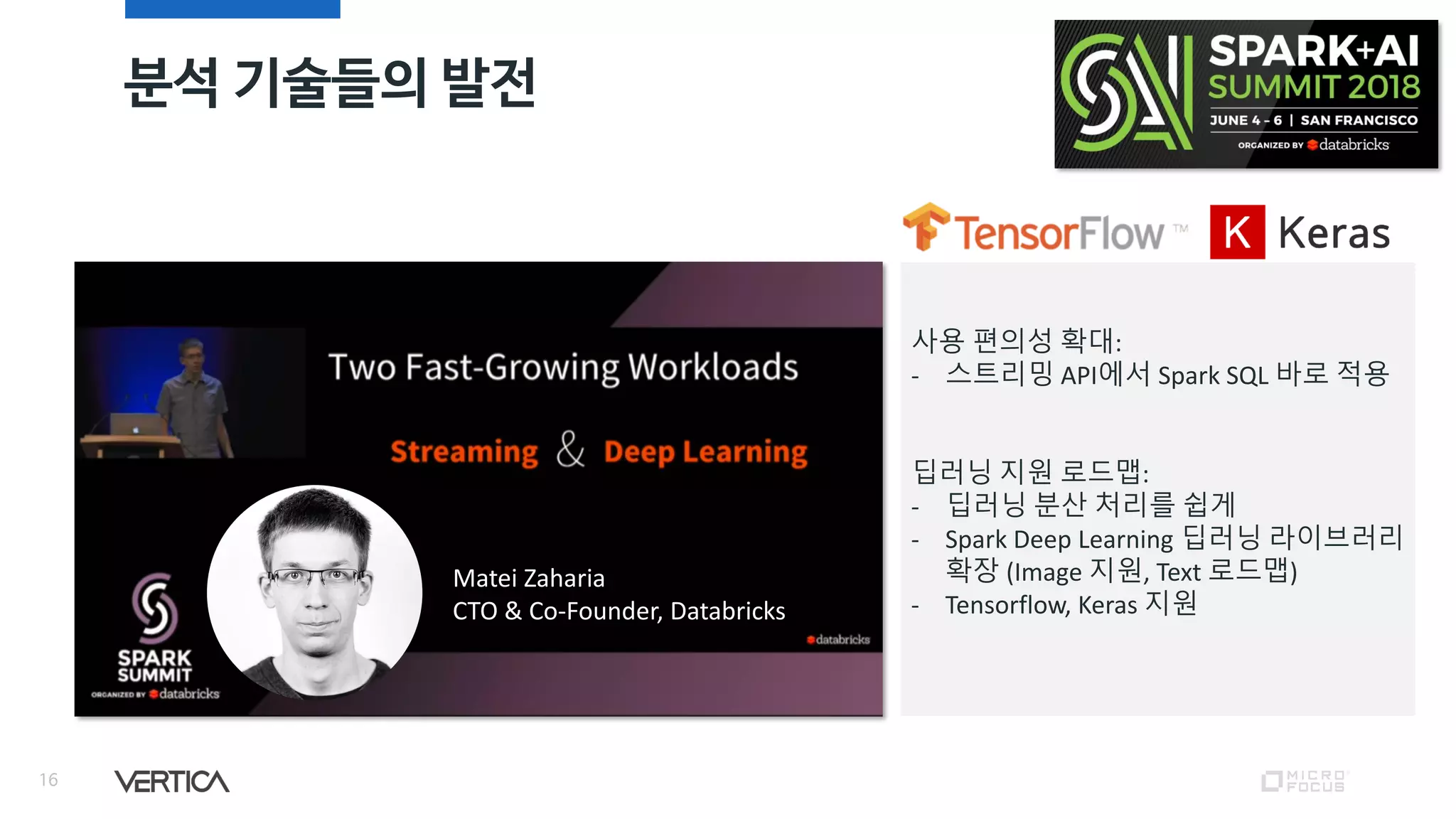 분석 기술들의 발전
16
Matei Zaharia
CTO & Co-Founder, Databricks
사용 편의성 확대:
- 스트리밍 API에서 Spark SQL 바로 적용
딥러닝 지원 로드맵:
- 딥러닝 분산 처리를 쉽게
- Spark Deep Learning 딥러닝 라이브러리
확장 (Image 지원, Text 로드맵)
- Tensorflow, Keras 지원
 