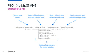 머신 러닝 모델 생성
28
단순한 SQL 함수로 수행
Creates new
model
Select table/view that
contains training data
Select column with
dependent variable
Select columns with
independent variables
Optional parameters
for model building
 