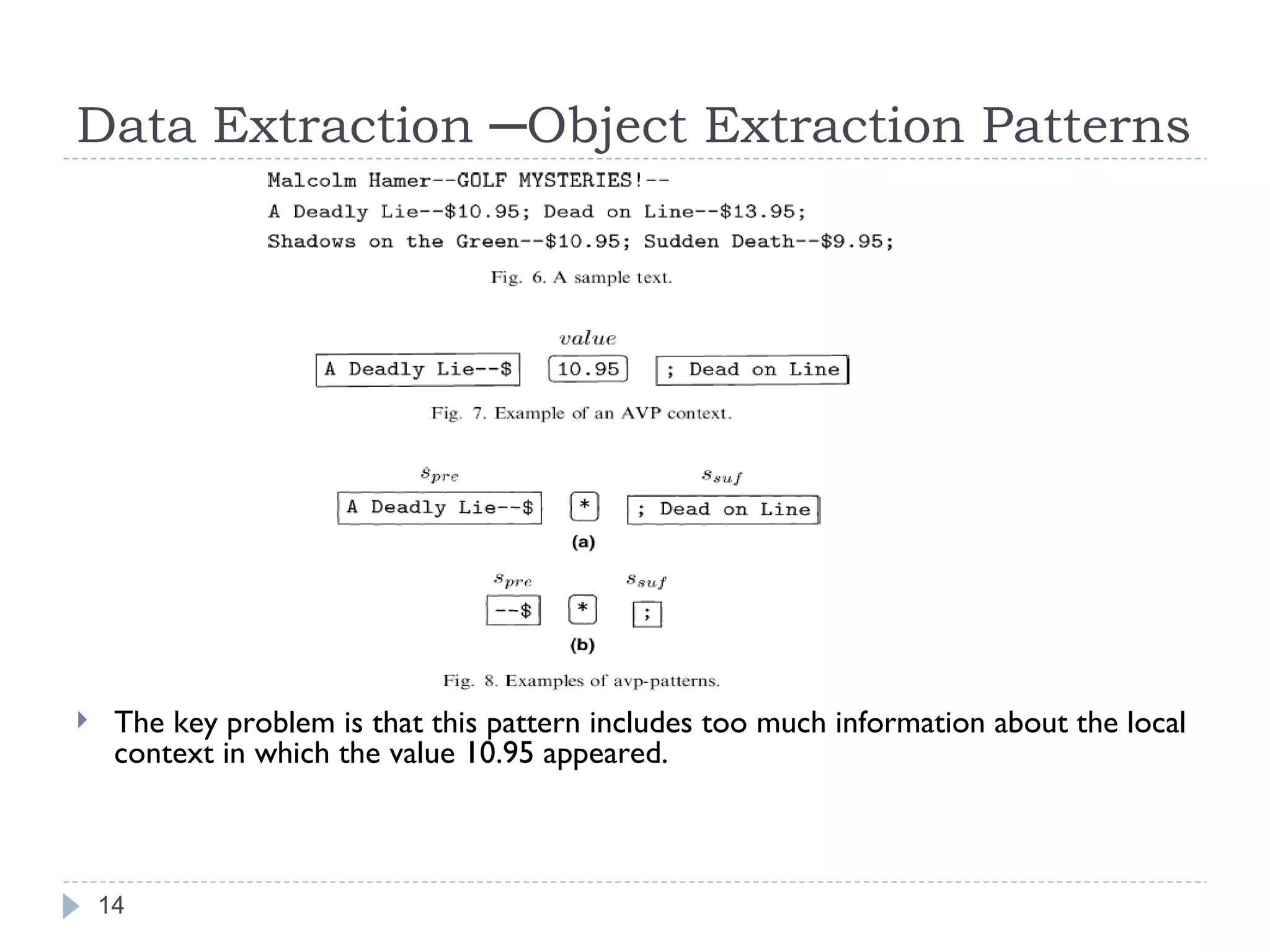 Data Extraction ─Object Extraction Patterns The key problem is that this pattern includes too much information about the local context in which the value 10.95 appeared. 