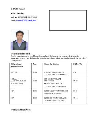 Er. DALEEP KUMAR
M.Tech. Hydrology
Mob no: 8273329602, 9012713548
Email: devsingh793@gmail.com
CAREER OBJECTIVE
To play an active role in a highly professional and challenging environment that provides
opportunity to apply my skills and be part of a team that works dynamically towards the growth of
the organization.
Educational Year Board/Institution CGPA / %
Qualifications
M.Tech. 2014 INDIAN INSTITUTE OF 6.6
TECHNOLOGY,ROORKEE
B.Tech
AGRICULTURAL 2012
SIR CHHOTU RAM
INSTITUTE 75.22
ENGINEERING OF ENGINEERING &
TECHNOLOGY, MEERUT
12th
2006 KRISHAK INTER COLLEGE 60.2
MAWANA, MEERUT
10th
2004 KRISHI INTER COLLAGE 47.16
JAISINGHPUR, MEERUT
WORK EXPERIENCE:
 